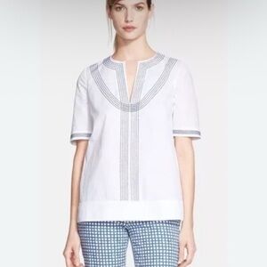 Tory Burch Embroidered Poplin relaxed Tunic White & Navy Details Cotton Size 2
